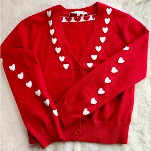 English Factory Red Cardigan with White Heart Accents